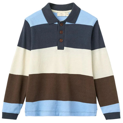 The Baby Boys’ and Boys’ Striped Pique Long Sleeved Polo by Copenhagen Colors is made from soft organic cotton with navy, light blue, cream, and brown stripes.