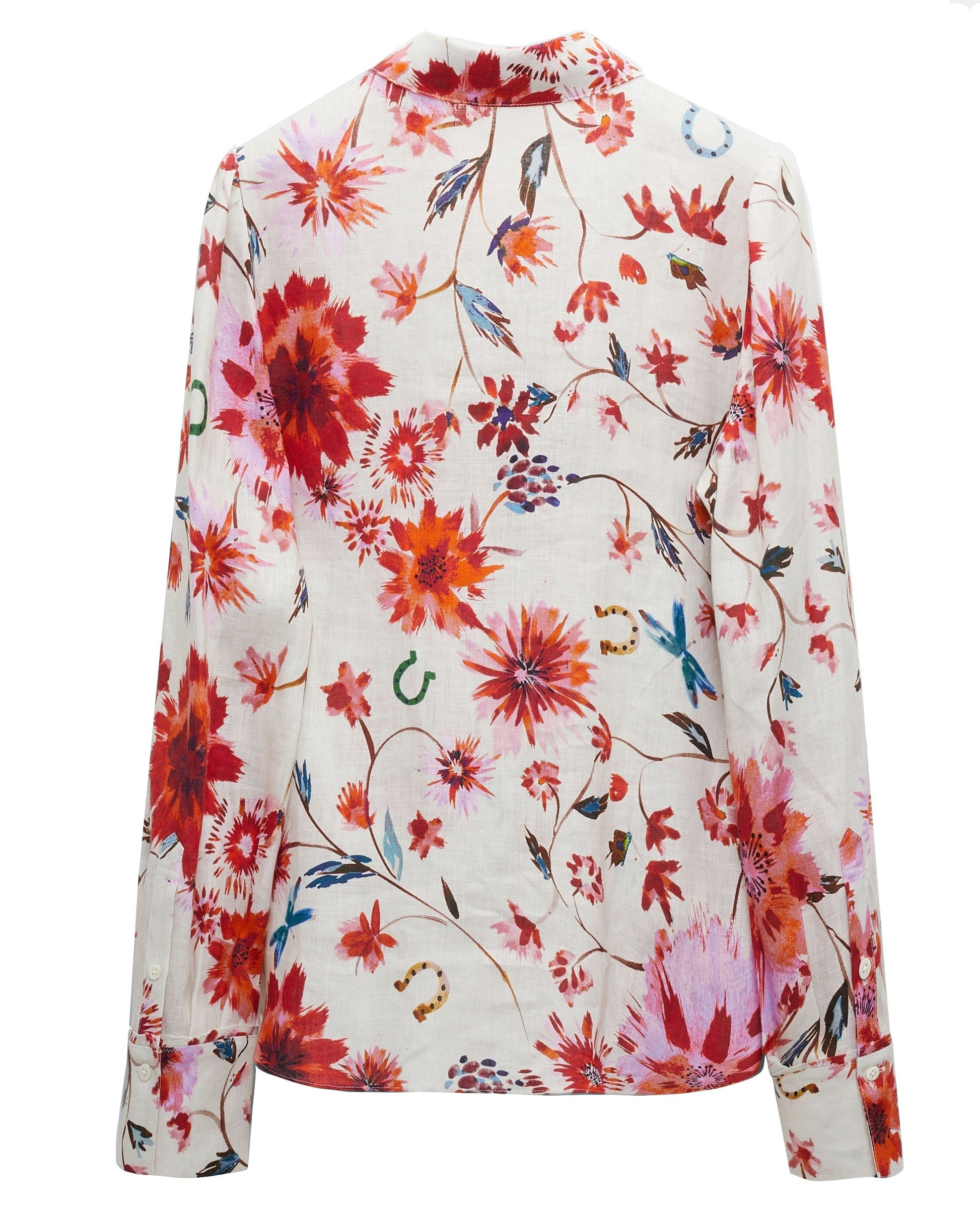 A back view of the Dorothee Schumacher Floral Ease Blouse, featuring long sleeves with red, pink, and purple blooms on a light background, highlighting Western-inspired styling for a unique twist.