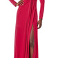 A woman wears the Monique Lhuillier Jewel Neck Long Sleeve Draped Gown, a floor-length matte jersey dress with a jewel neckline, ruched bodice, draped detailing, and high skirt slit.