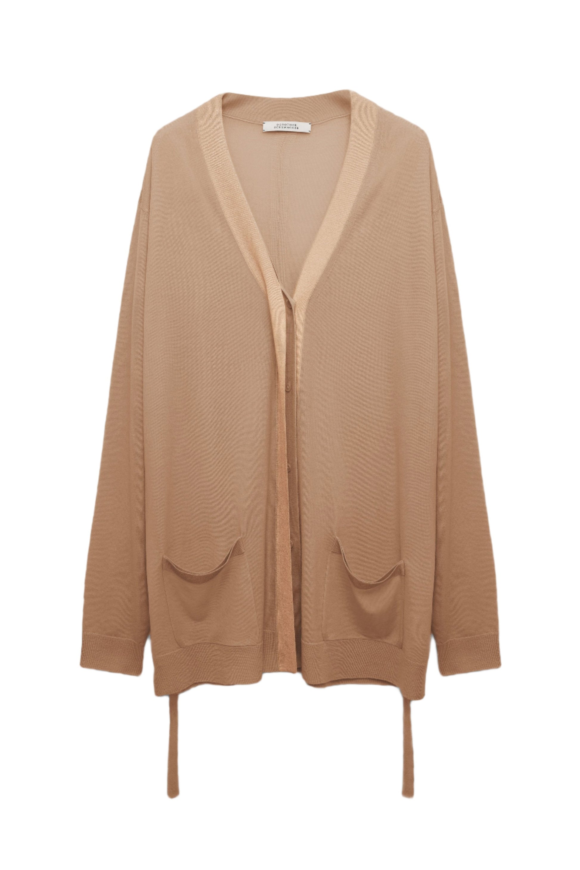 The Dorothee Schumacher Shimmering Merino Cardigan by Dorothee Schumacher is a beige, open-front cardigan made from soft Merino wool. It features long sleeves, two front pockets, a relaxed fit, and an adjustable tie closure at the waist.