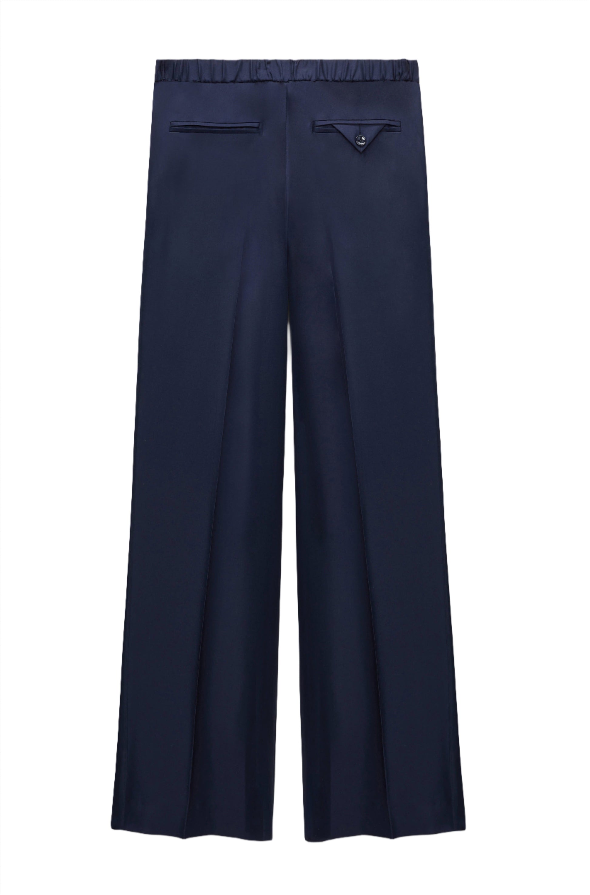 Dorothee Schumacher Trench It Up Pants in navy blue are wide-leg trousers made from silk twill, featuring an elastic waistband and two back pockets, one of which has a button closure.