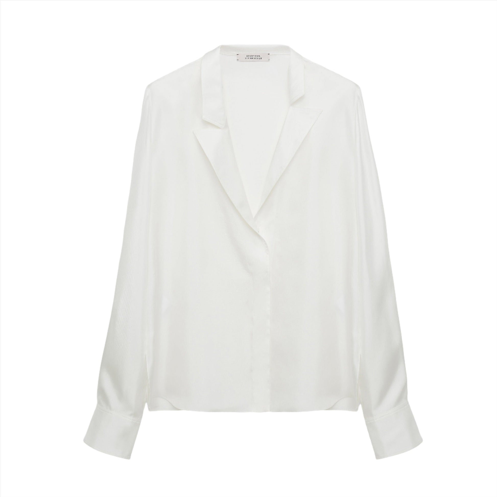 The Dorothee Schumacher Trench It Up Blouse, crafted from white silk twill, features an asymmetric lapel and long sleeves, elegantly showcased against a plain background.