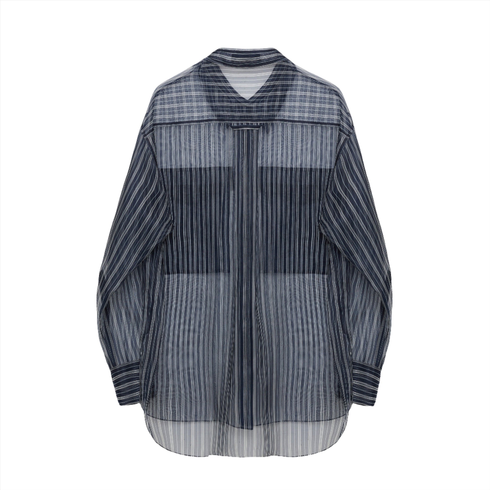 Introducing the Dorothee Schumacher Transparent Stripe Blouse, a sheer, long-sleeved top with printed stripes in blue and black. It features an oversized silhouette with a loose fit and a collar.