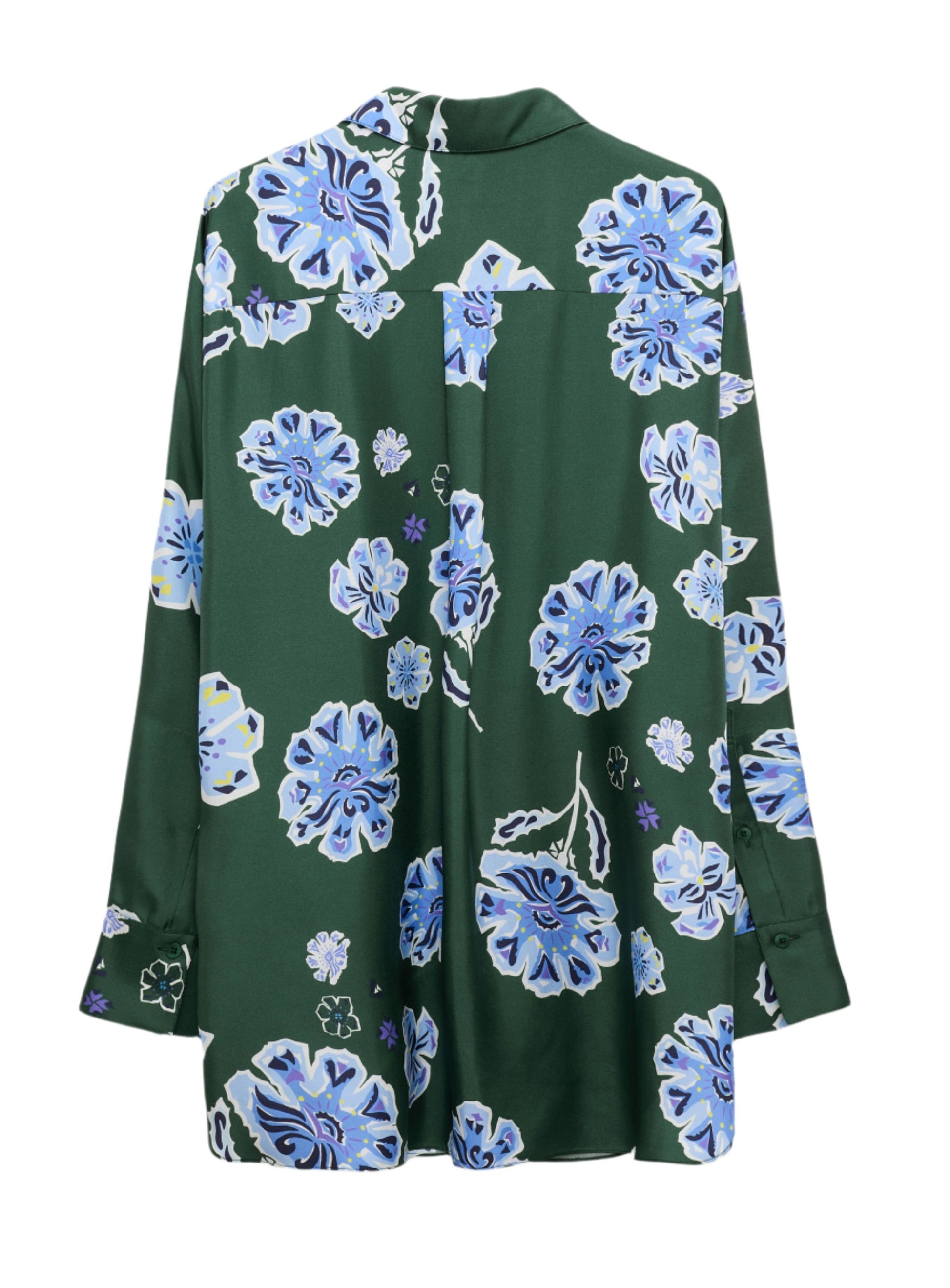 Back view of the Dorothee Schumacher Big Garden Blouse by Dorothee Schumacher, featuring a dark green long-sleeve design in silk twill with a relaxed fit and a blue and white floral pattern.