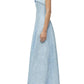A woman in the Simkhai Valeria Jacquard Dress, a light blue strapless organza style with ankle-length floral details, paired with white heeled sandals, is shown from the side against a white background.