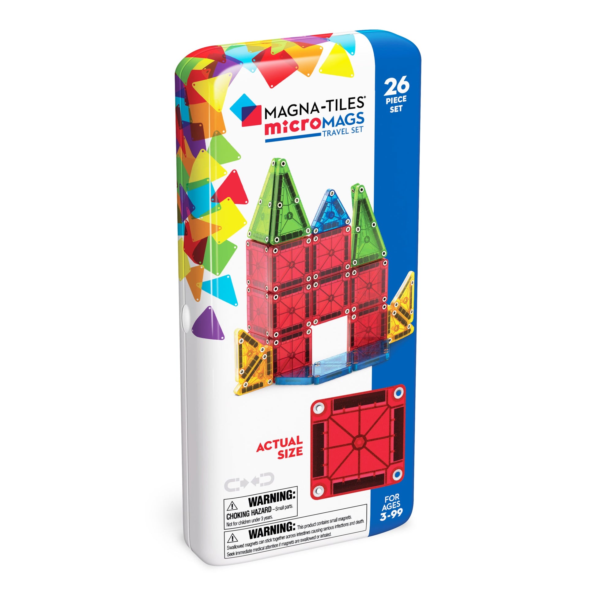 The Magnatiles microMAGS Travel 26-Piece Set features colorful, portable magnetic tiles in a rectangular box—ideal for ages 3–99 and perfect for building on the go.
