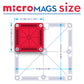 Diagram compares a small red square labeled "microMAGS Travel 26-Piece Set" (by Magnatiles) with a larger gray square, showing sides of 37.465 mm vs. 74.93 mm—perfect for highlighting portable Magnatiles microMAGS building sets.