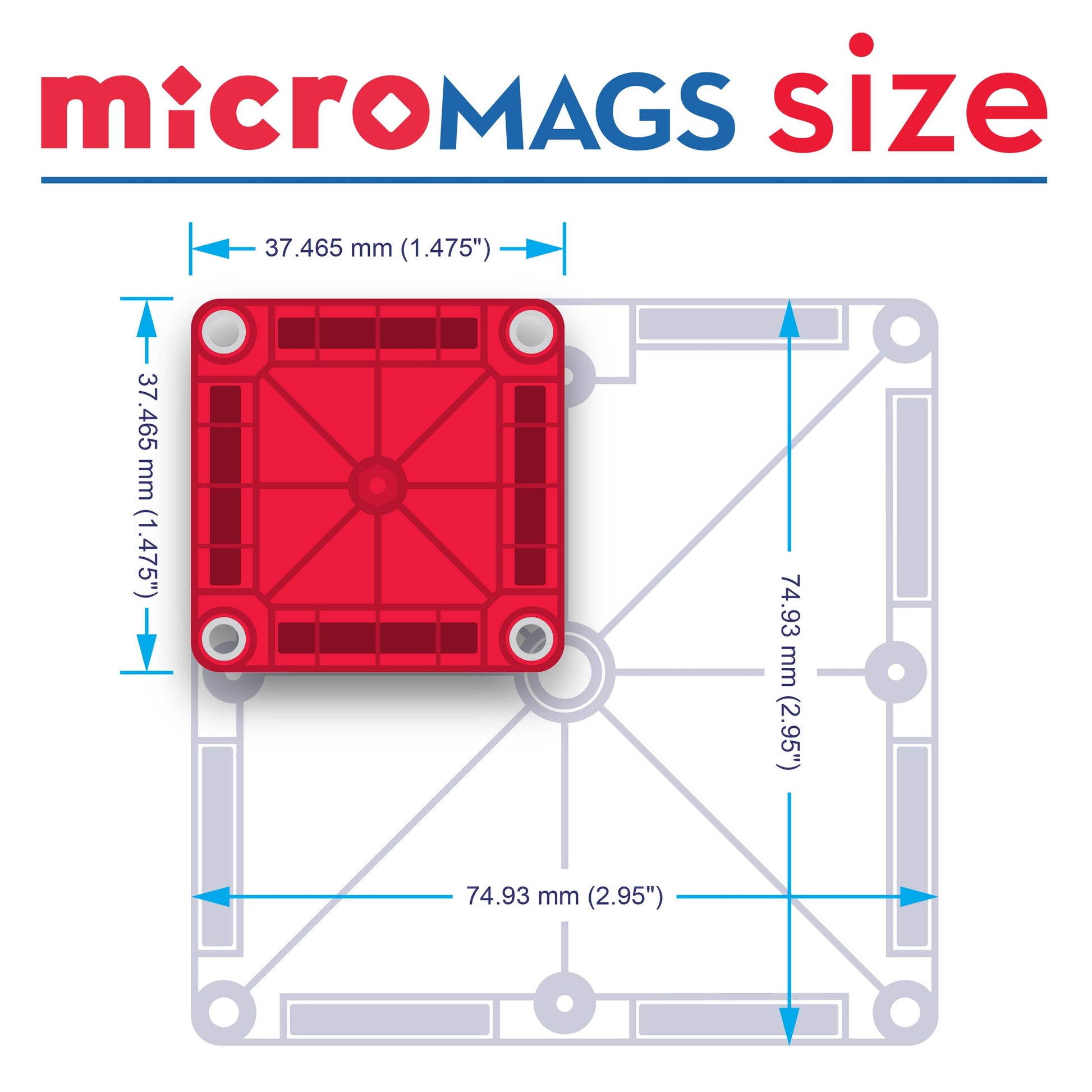 Diagram compares a small red square labeled "microMAGS Travel 26-Piece Set" (by Magnatiles) with a larger gray square, showing sides of 37.465 mm vs. 74.93 mm—perfect for highlighting portable Magnatiles microMAGS building sets.