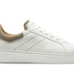 The Reina III Sneakers by Magnanni feature an updated style with a beige suede heel panel, leather accents, perforated sides, white laces, and a flat sole.