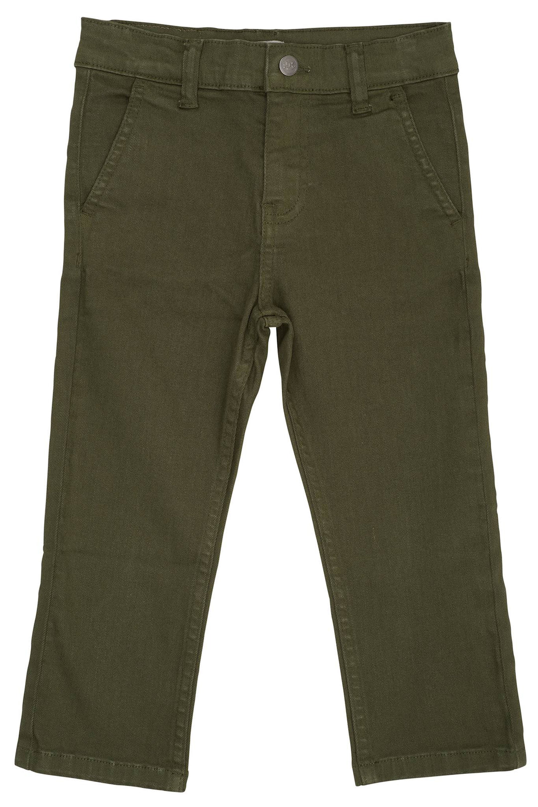 Baby Boys’ and Boys’ Slim Twill Chinos by Copenhagen Colors in olive green, with front pockets, belt loops, and button closure, made from organic cotton.