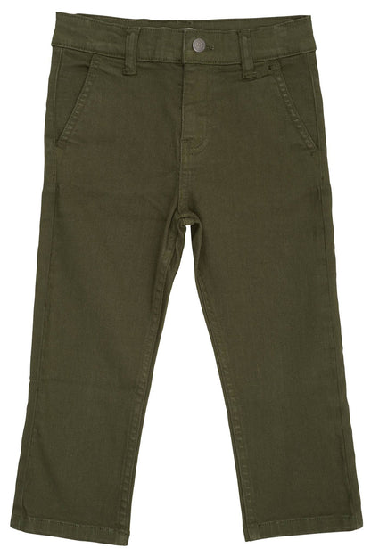 Baby Boys’ and Boys’ Slim Twill Chinos by Copenhagen Colors in olive green, with front pockets, belt loops, and button closure, made from organic cotton.