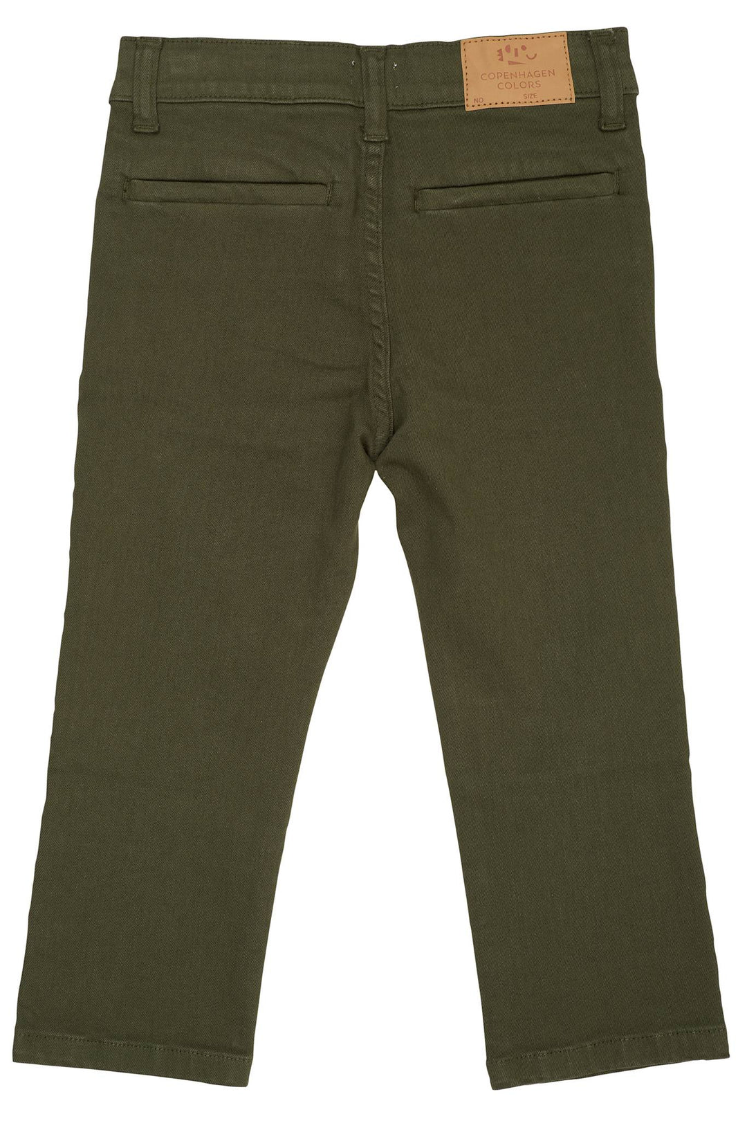 Baby Boys’ and Boys’ Slim Twill Chinos in olive green, shown from the back with two welt pockets, adjustable waist, and brown leather Copenhagen Colors patch.