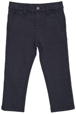 Copenhagen Colors Baby Boys’ and Boys’ Slim Twill Chinos in dark blue with front pockets, belt loops, adjustable waist, and button closure laid flat on a white background.
