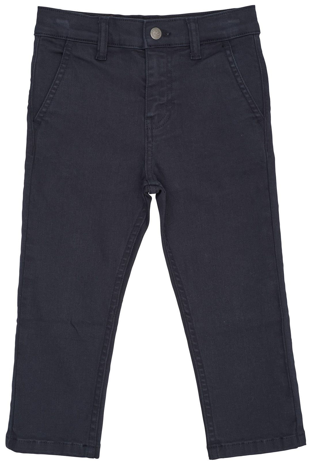 Copenhagen Colors Baby Boys’ and Boys’ Slim Twill Chinos in dark blue with front pockets, belt loops, adjustable waist, and button closure laid flat on a white background.