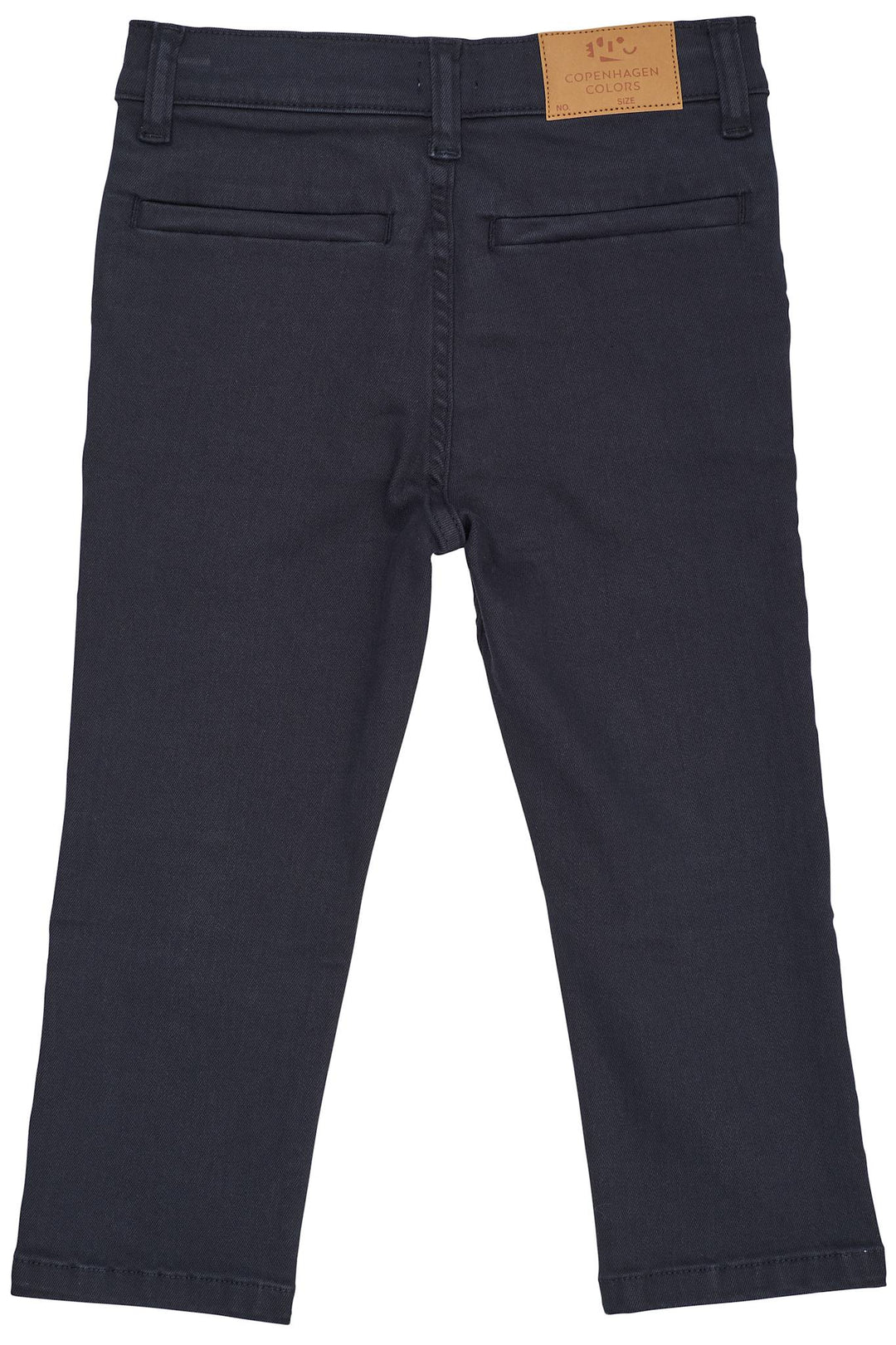 The Copenhagen Colors Baby Boys’ and Boys’ Slim Twill Chinos shown from the back with two back pockets, a brown leather patch, and an adjustable waist for comfort.