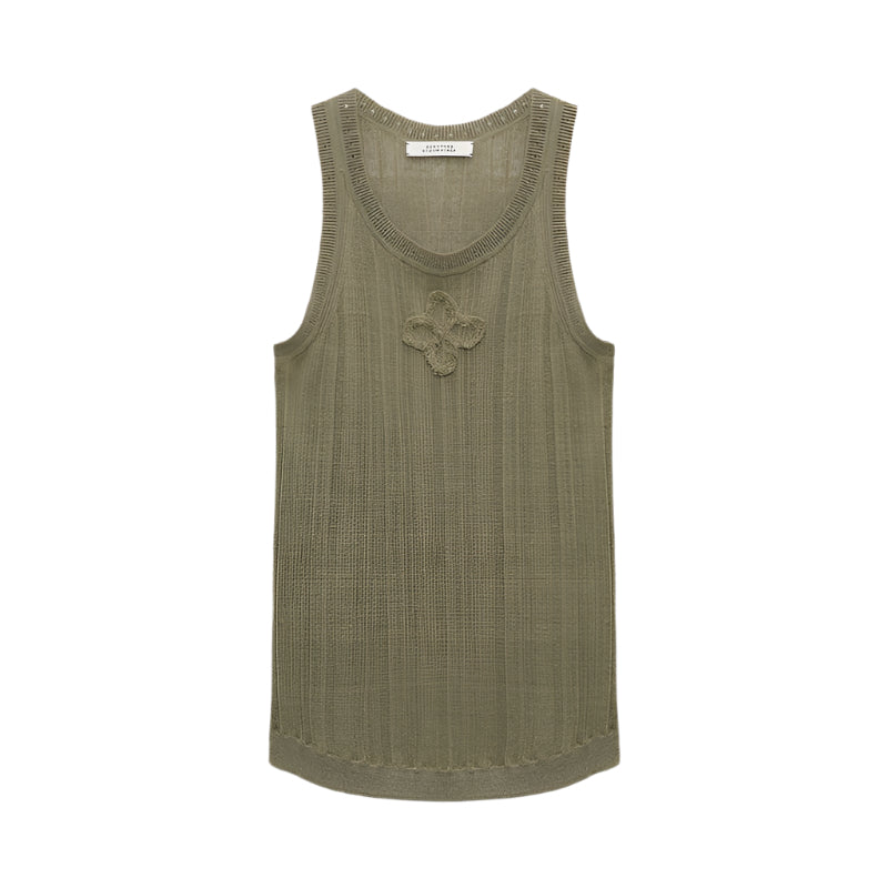 The Summer Ease Rose Top by Dorothee Schumacher is a sleeveless olive green linen-blend tank with ribbed texture, ribbed trim, and a decorative central applique, shown on a white background.