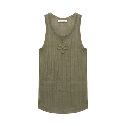 The Summer Ease Rose Top by Dorothee Schumacher is a sleeveless olive green linen-blend tank with ribbed texture, ribbed trim, and a decorative central applique, shown on a white background.