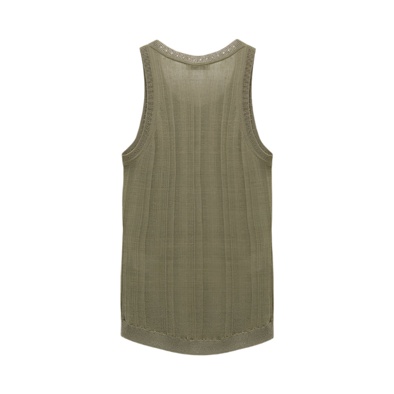 The Summer Ease Rose Top by Dorothee Schumacher is a sleeveless olive green linen blend tank, shown from the back on a white background and featuring refined ribbed trim.