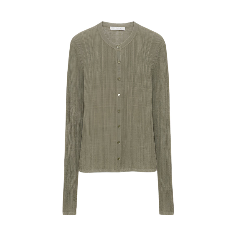 The Dorothee Schumacher Summer Ease Cardigan is an olive green, long-sleeved button-front style with a round neckline and ribbed details, shown against a plain white background.
