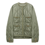 The Dorothee Schumacher Cozy Coolness Jacket is olive green and collarless, with quilted fabric, long sleeves, buttoned cuffs, four front pockets, and gold-tone buttons.