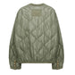 Back view of the Dorothee Schumacher Cozy Coolness Jacket in olive green featuring diamond pattern stitching, collarless design, buttoned cuffs with gold-tone buttons, and a rectangular patch on the upper back.