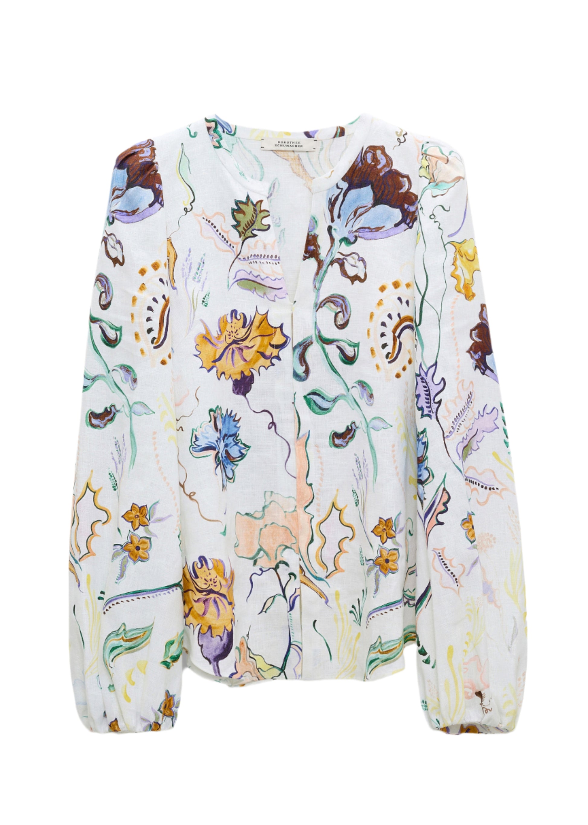 The Dorothee Schumacher Floral Power Blouse by Dorothee Schumacher is a white linen blouse with colorful floral and foliage prints, long sleeves, and a V-neckline.