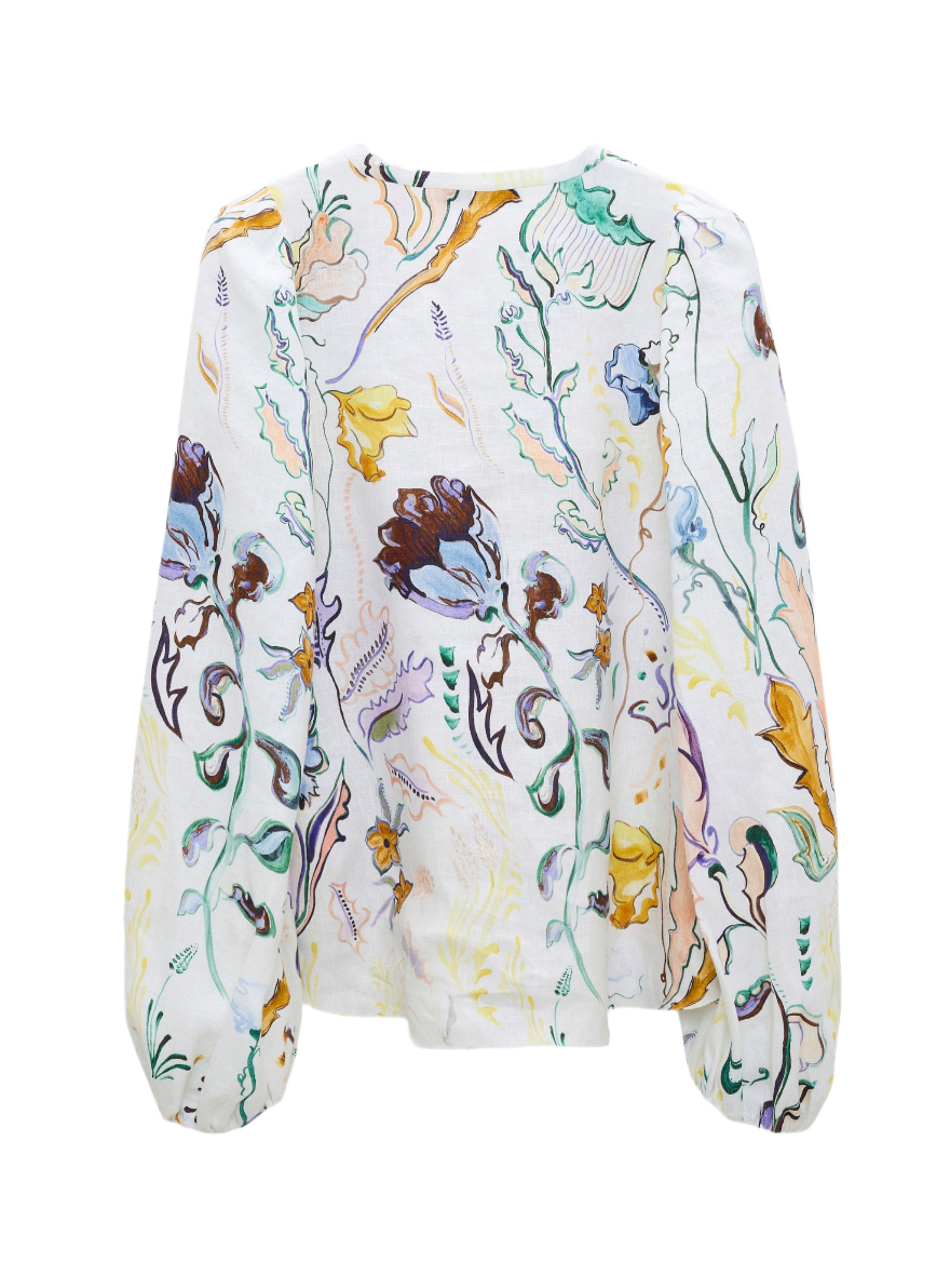 The Dorothee Schumacher Floral Power Blouse, by Dorothee Schumacher, features a modern twist with its V-neckline, long puffed sleeves, and printed linen design adorned with colorful floral and leaf patterns.