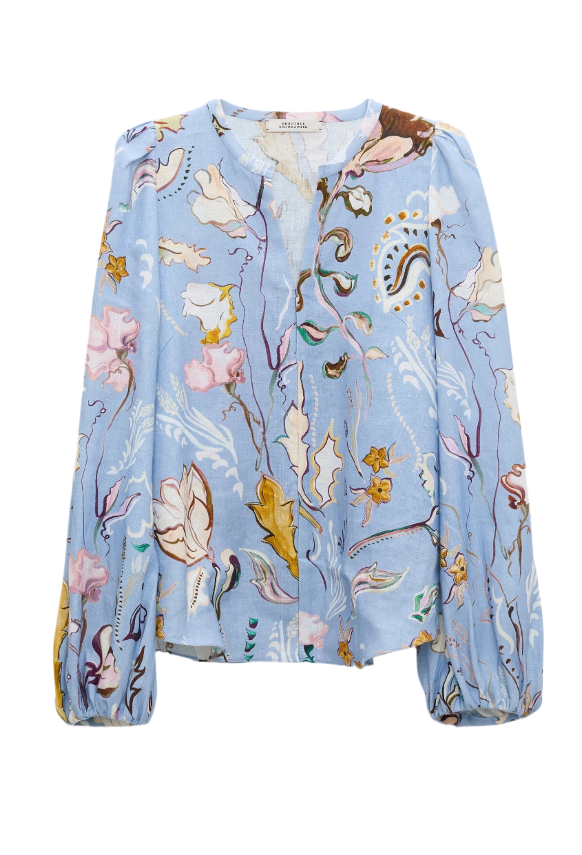 The Dorothee Schumacher Floral Power Blouse by Dorothee Schumacher is a light blue linen top with floral and abstract designs, long puffed sleeves, and a subtle V-neckline.