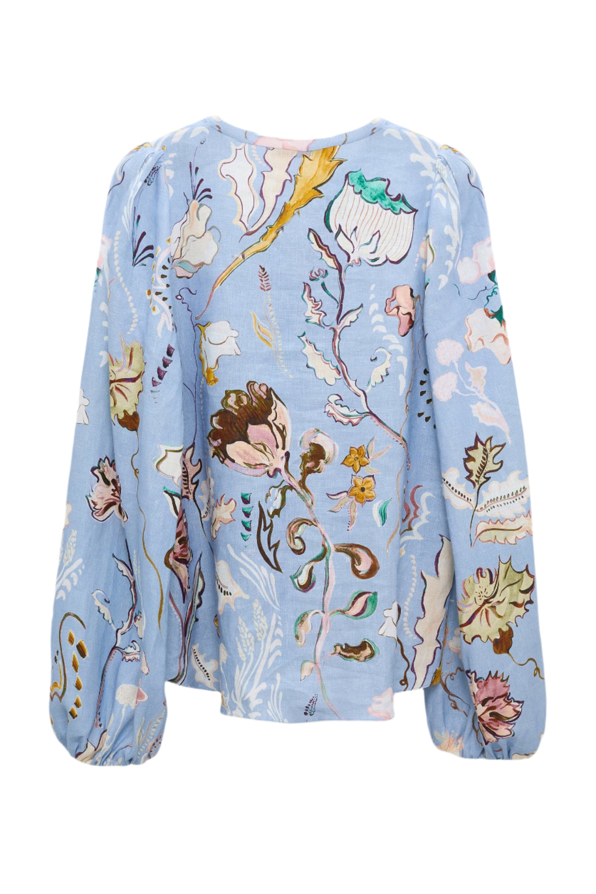 Dorothee Schumacher Floral Power Blouse in blue linen with a floral pattern features long sleeves and a V-neckline.