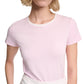Model wearing the Dorothee Schumacher All Time Favorites Shirt in light pink, a fitted short-sleeve tee, paired with a white lace skirt featuring a decorative belt buckle; shown from shoulders to waist.