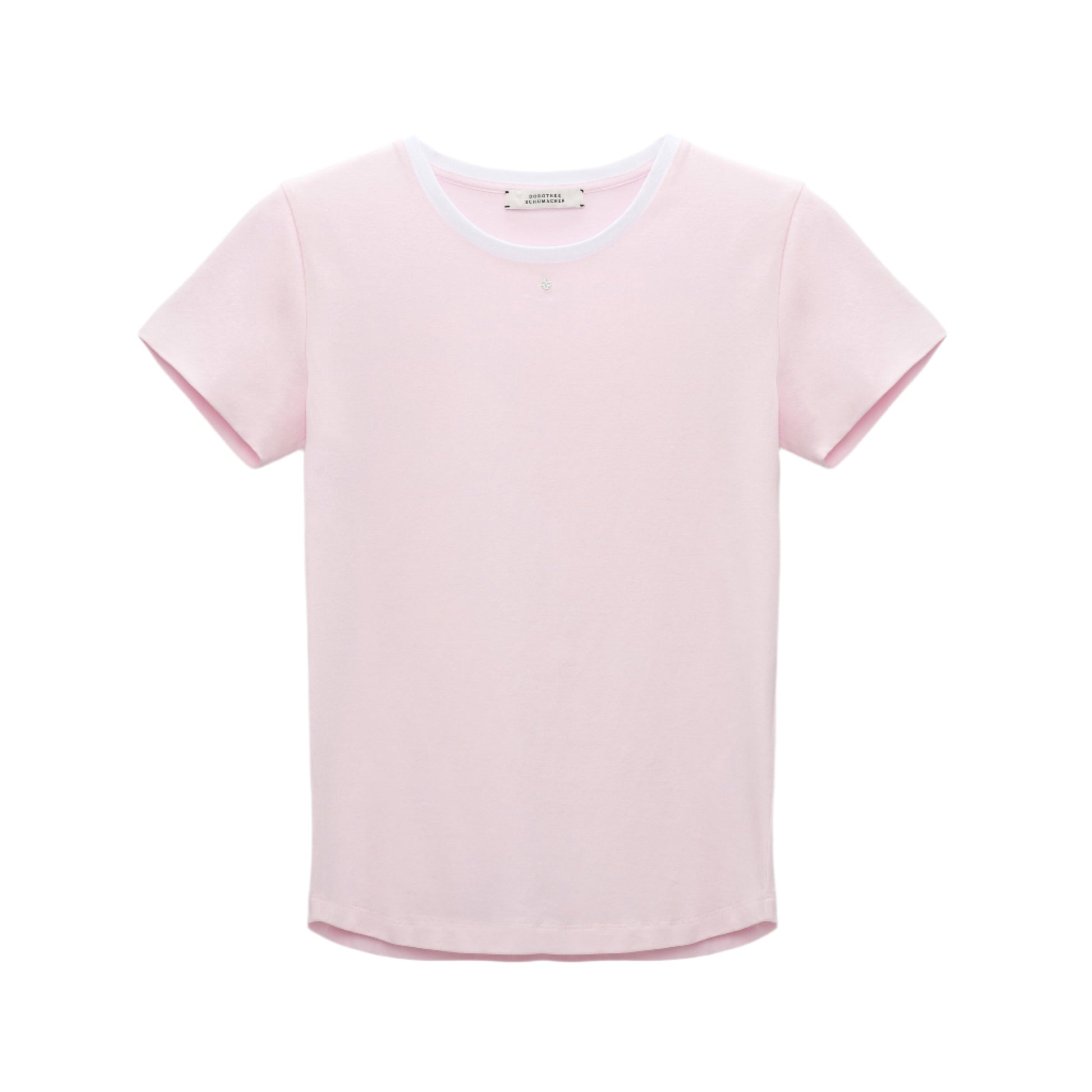 The All Time Favorites Shirt by Dorothee Schumacher is a light pink fitted crew neck tee with short sleeves, made from stretch cotton and displayed flat on a white background.
