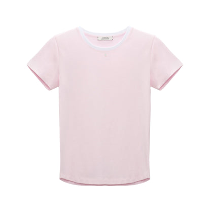 The All Time Favorites Shirt by Dorothee Schumacher is a light pink fitted crew neck tee with short sleeves, made from stretch cotton and displayed flat on a white background.