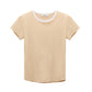 The Dorothee Schumacher All Time Favorites Shirt is a fitted beige short-sleeve tee with a white crew neckline, made from stretch cotton and shown on a plain white background.