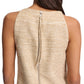 A woman is seen from behind wearing the Dorothee Schumacher Shiny Coolness Dress, a sleeveless, textured beige Lurex-tweed shift with an exposed silver zipper down the center.