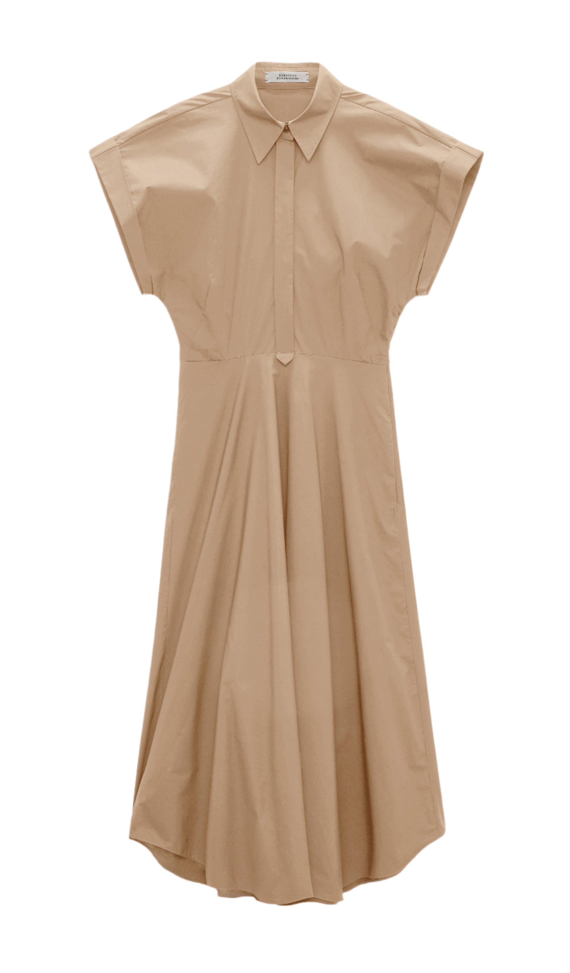 The Dorothee Schumacher Poplin Power Dress is a beige cotton shirtdress with a tailored waist, short sleeves, collared neckline, button-up front, and flared skirt, shown on a white background.