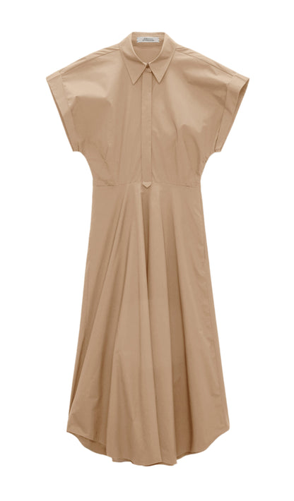 The Dorothee Schumacher Poplin Power Dress is a beige cotton shirtdress with a tailored waist, short sleeves, collared neckline, button-up front, and flared skirt, shown on a white background.