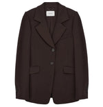 The Emotional Essence Jacket by Dorothee Schumacher features dark brown espresso, notched lapels, two front buttons, flap pockets, and a visible collar label; pair with matching pants for a sharp look.