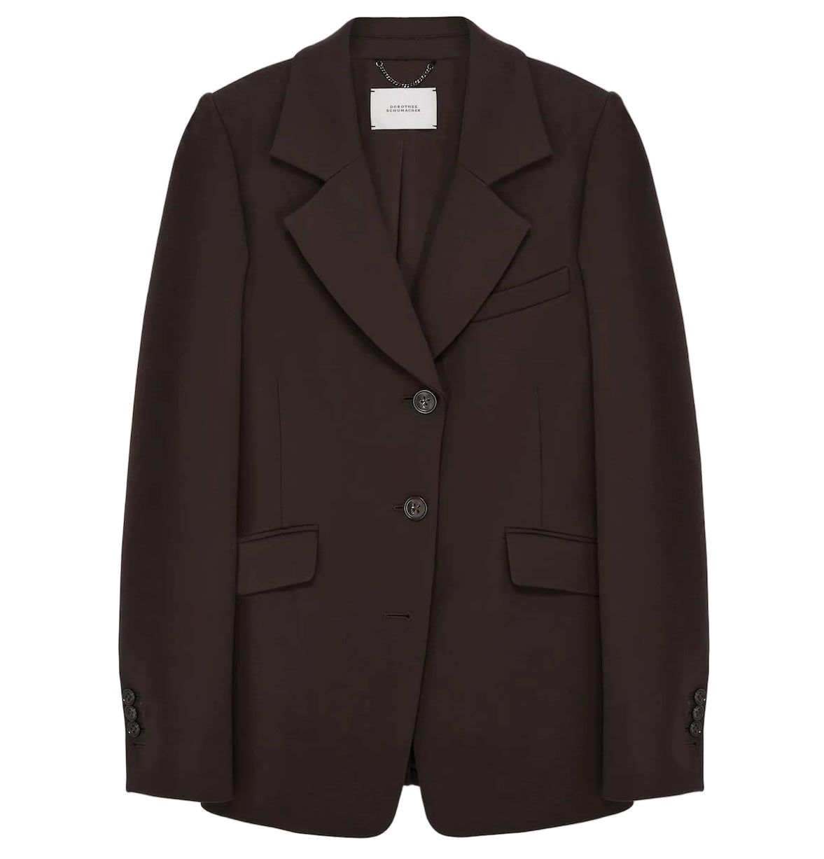 The Emotional Essence Jacket by Dorothee Schumacher features dark brown espresso, notched lapels, two front buttons, flap pockets, and a visible collar label; pair with matching pants for a sharp look.