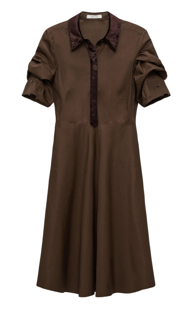 Dorothee Schumacher's Poplin Power Short Sleeve Dress in brown cotton-poplin features a flared skirt, ruched sleeves, and a contrasting dark collar and placket, shown on a white background.
