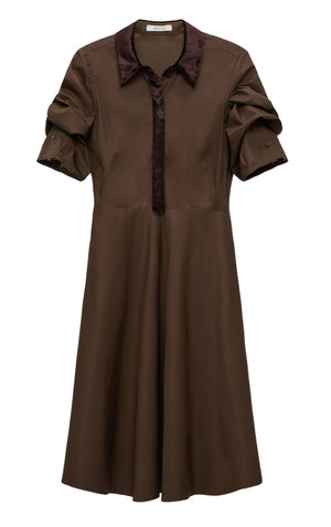 Dorothee Schumacher's Poplin Power Short Sleeve Dress in brown cotton-poplin features a flared skirt, ruched sleeves, and a contrasting dark collar and placket, shown on a white background.