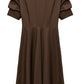 The Dorothee Schumacher Poplin Power Short Sleeve Dress features a brown cotton-poplin fabric, knee-length cut, short sleeves, a fitted waist, and a subtly flared skirt, displayed on a plain white background.