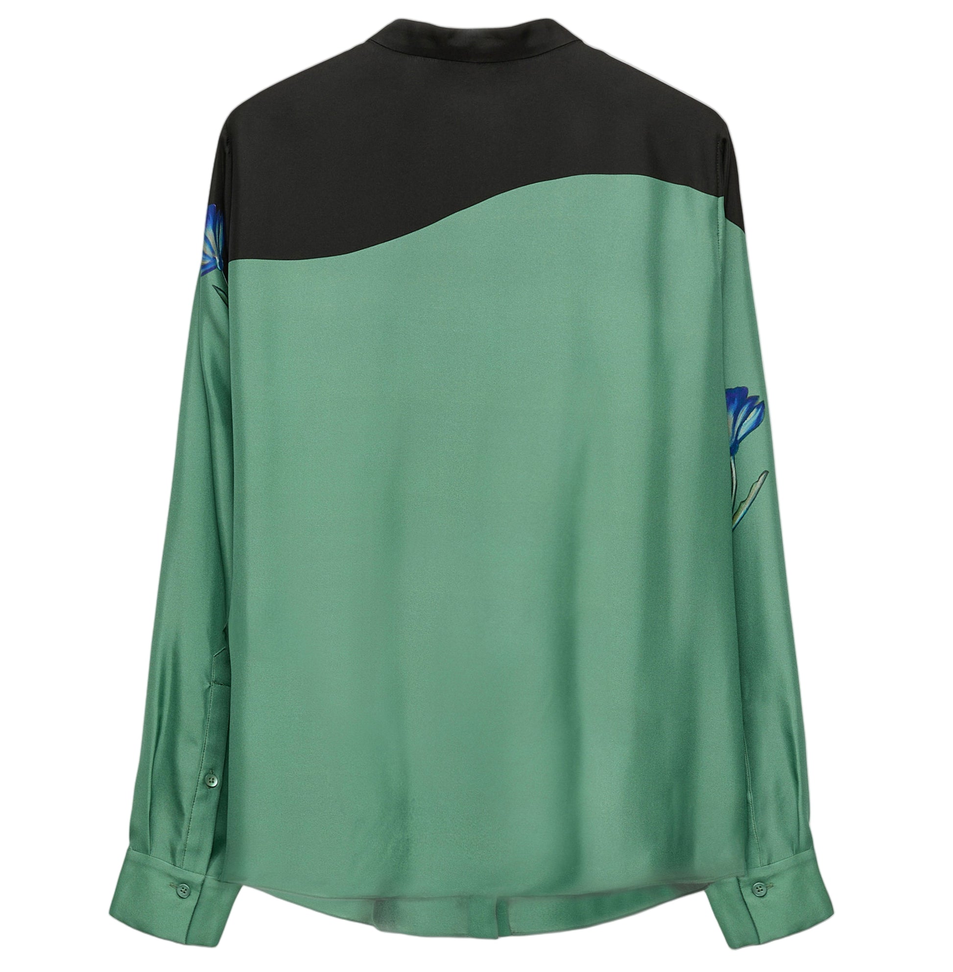 The Seductive Bloom Blouse by Dorothee Schumacher features a green body, black upper back, and subtle blue floral sleeve accents for a timeless style.
