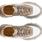 Top view of Magnanni Onyx Sneakers in white, beige, and gray, showcasing luxury design elements and arranged parallel on a white background.