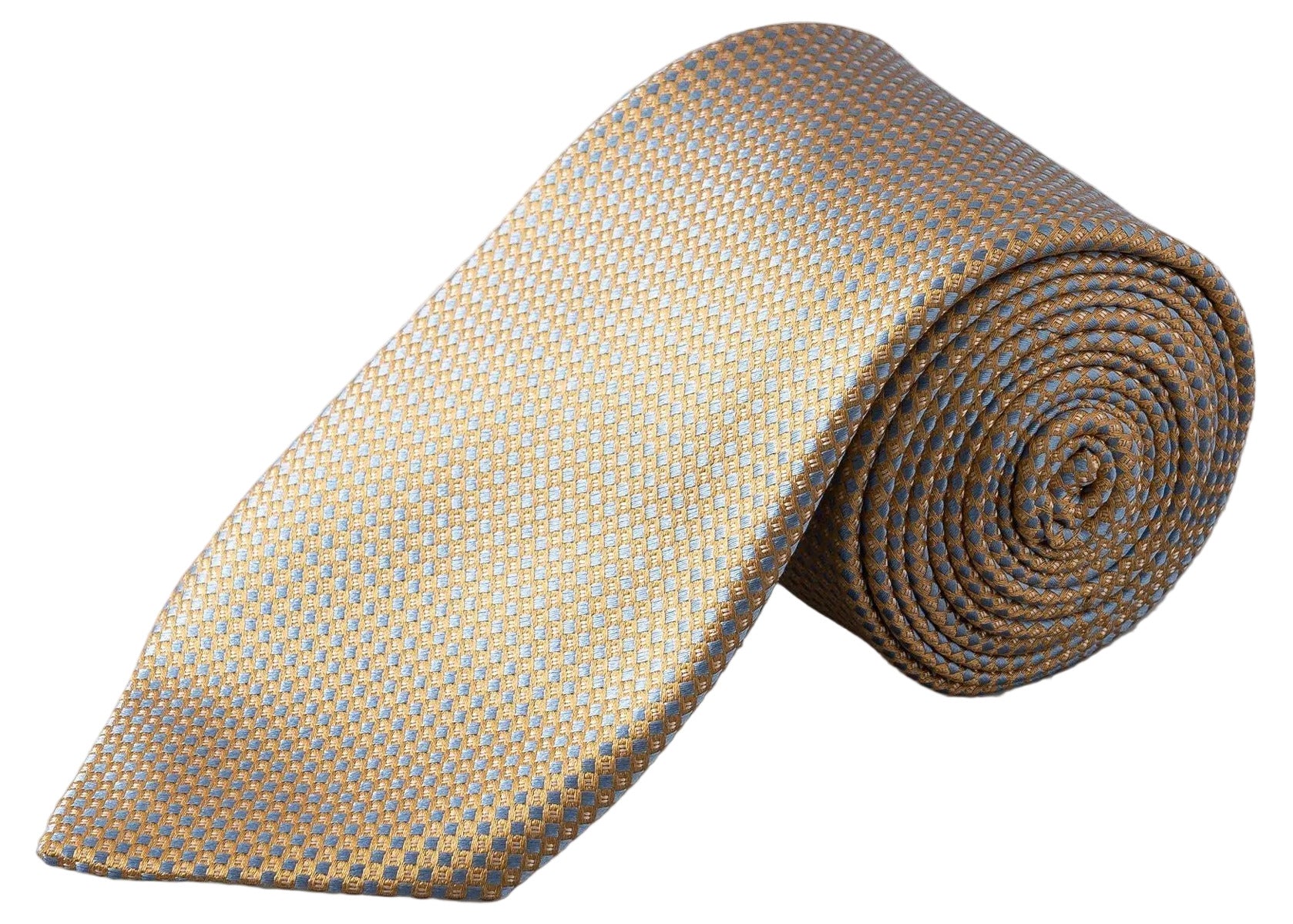 The Eton Geometric Woven Silk Tie, featuring an elegant gold and blue micro geometric pattern in jacquard weave, is showcased against a white background—making it the perfect accessory for formal occasions.