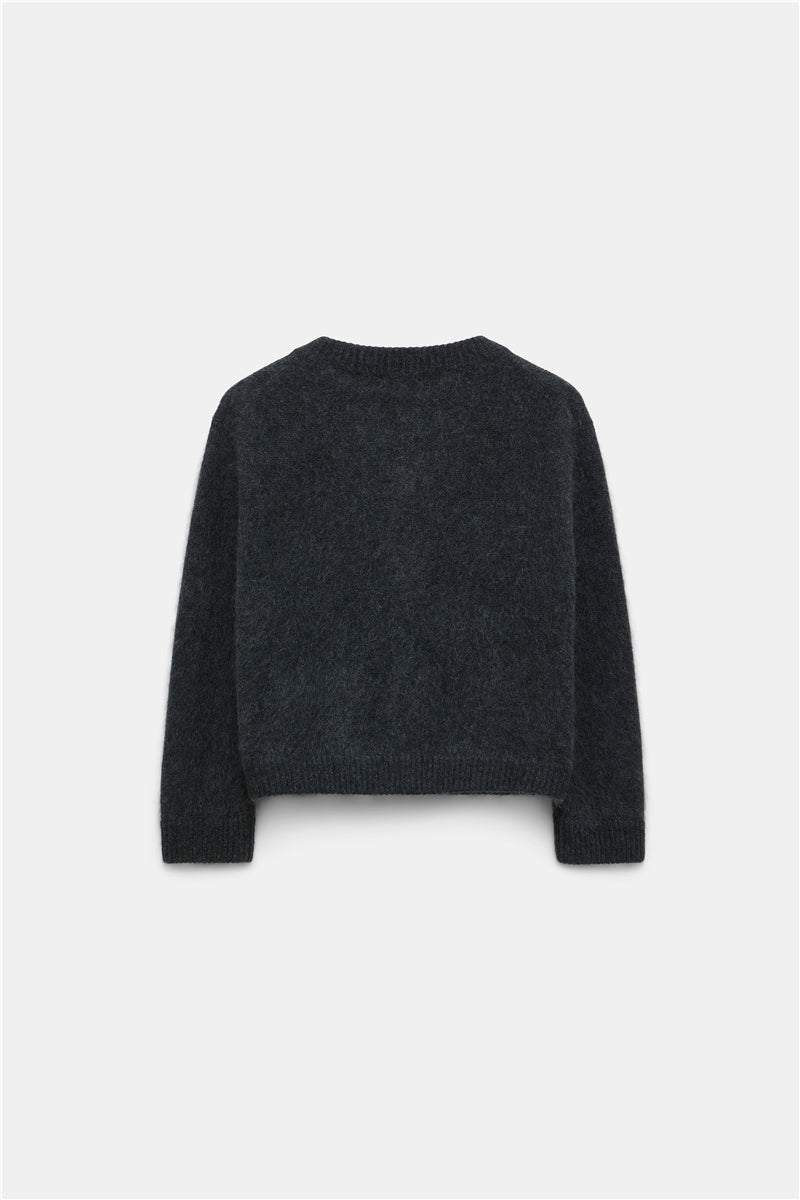 The Dorothee Schumacher Fluffy Statements Cardigan is pictured from the back in dark gray, featuring long sleeves and a fuzzy knit cropped design against a plain white background.