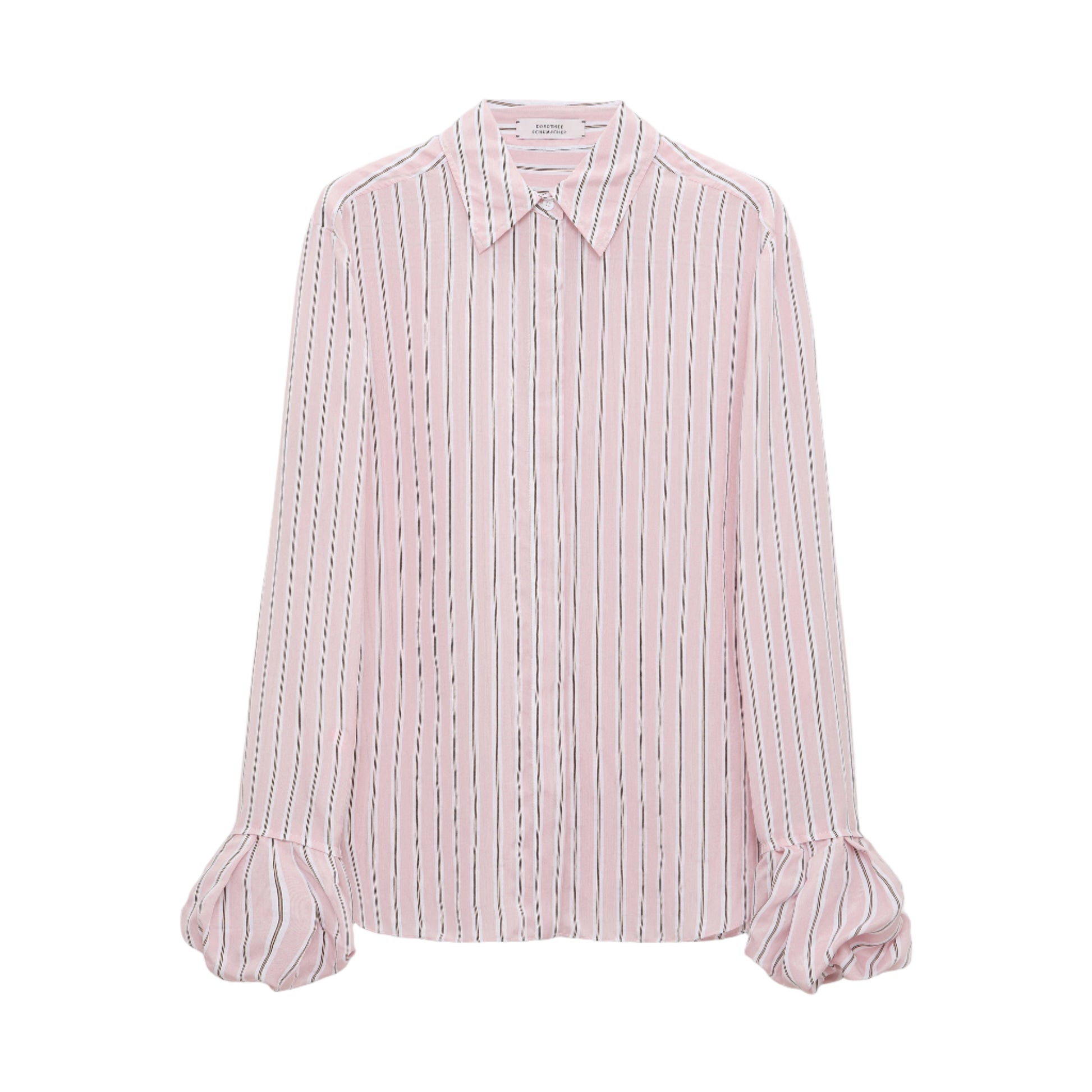 The Striped Ease Blouse by Dorothee Schumacher features light pink organdy voile with vertical black and white stripes, a pointed collar, and ruffled balloon cuffs, shown on a plain white background.