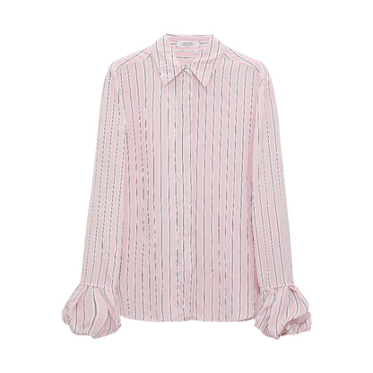 The Striped Ease Blouse by Dorothee Schumacher features light pink organdy voile with vertical black and white stripes, a pointed collar, and ruffled balloon cuffs, shown on a plain white background.