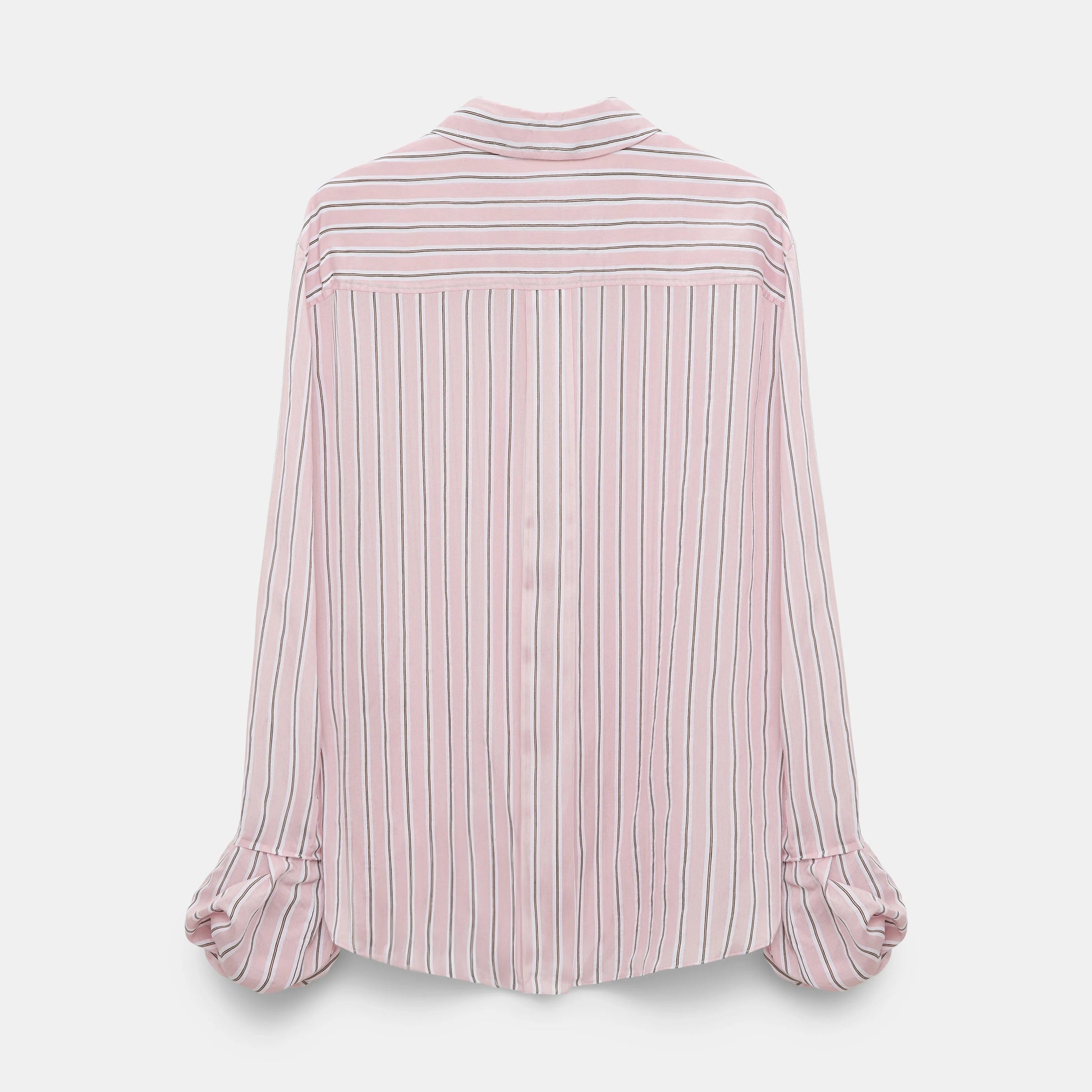 The Striped Ease Blouse by Dorothee Schumacher features vertical pink and white stripes, balloon cuffs, and long sleeves, shown from the back against a plain white background.