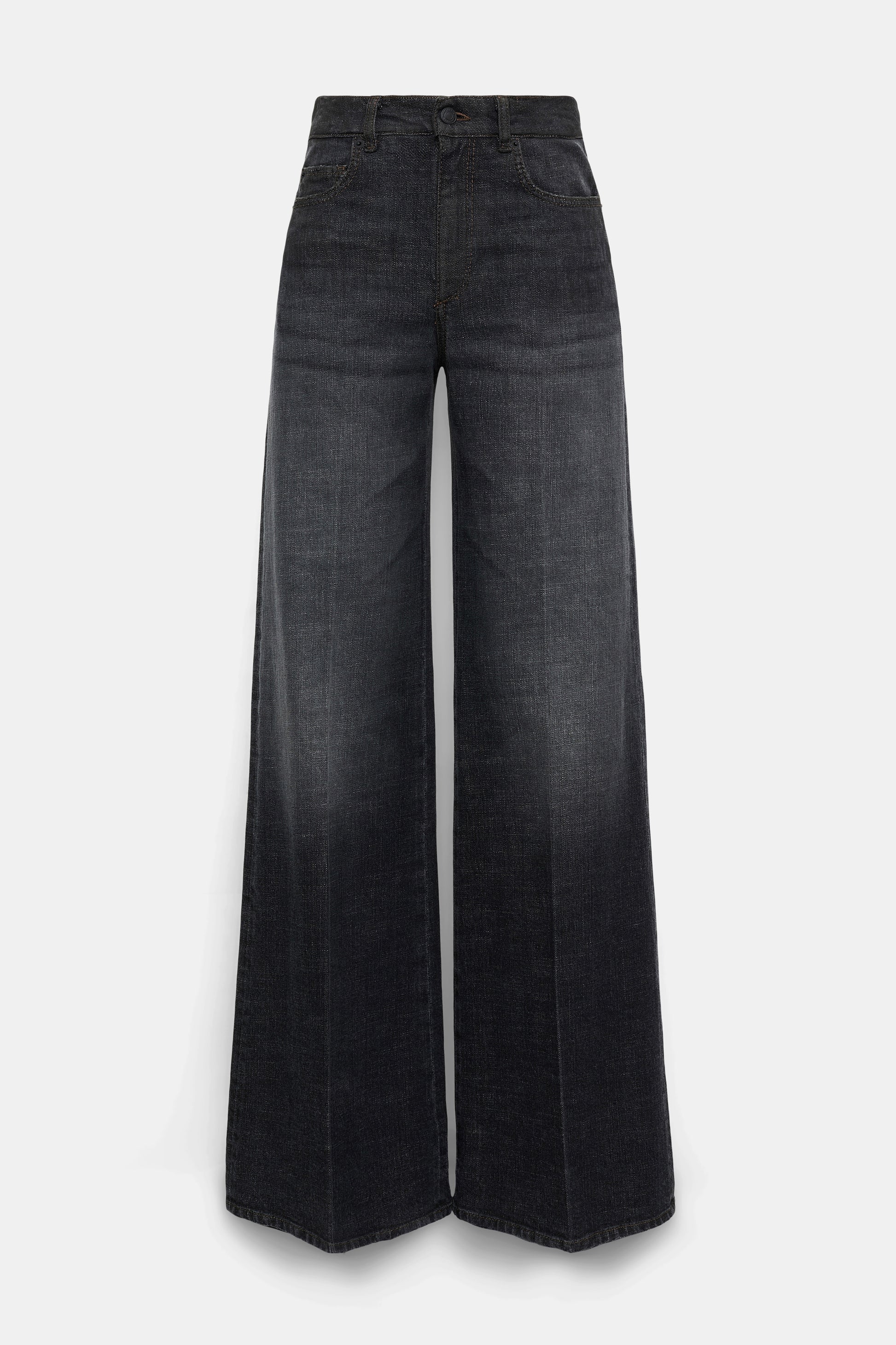 The Deep Love Pants by Dorothee Schumacher are dark wash, mid-rise wide-leg jeans with front and back pockets and a button-zip closure, shown on a plain white background.