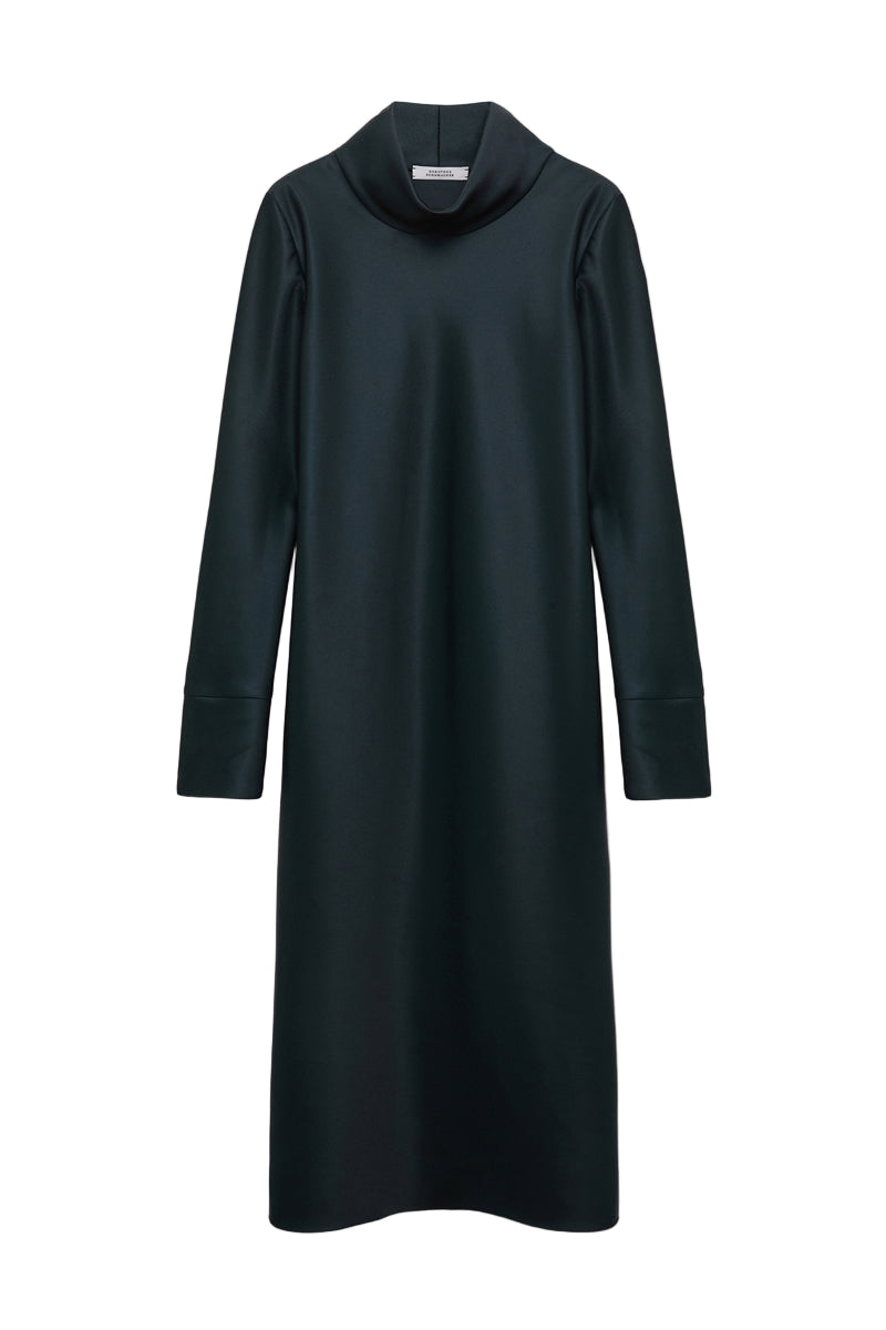 The Dorothee Schumacher Shiny Statement Dress is a black, long-sleeved, knee-length dress with a relaxed fit and draped turtleneck, shown against a plain white background.